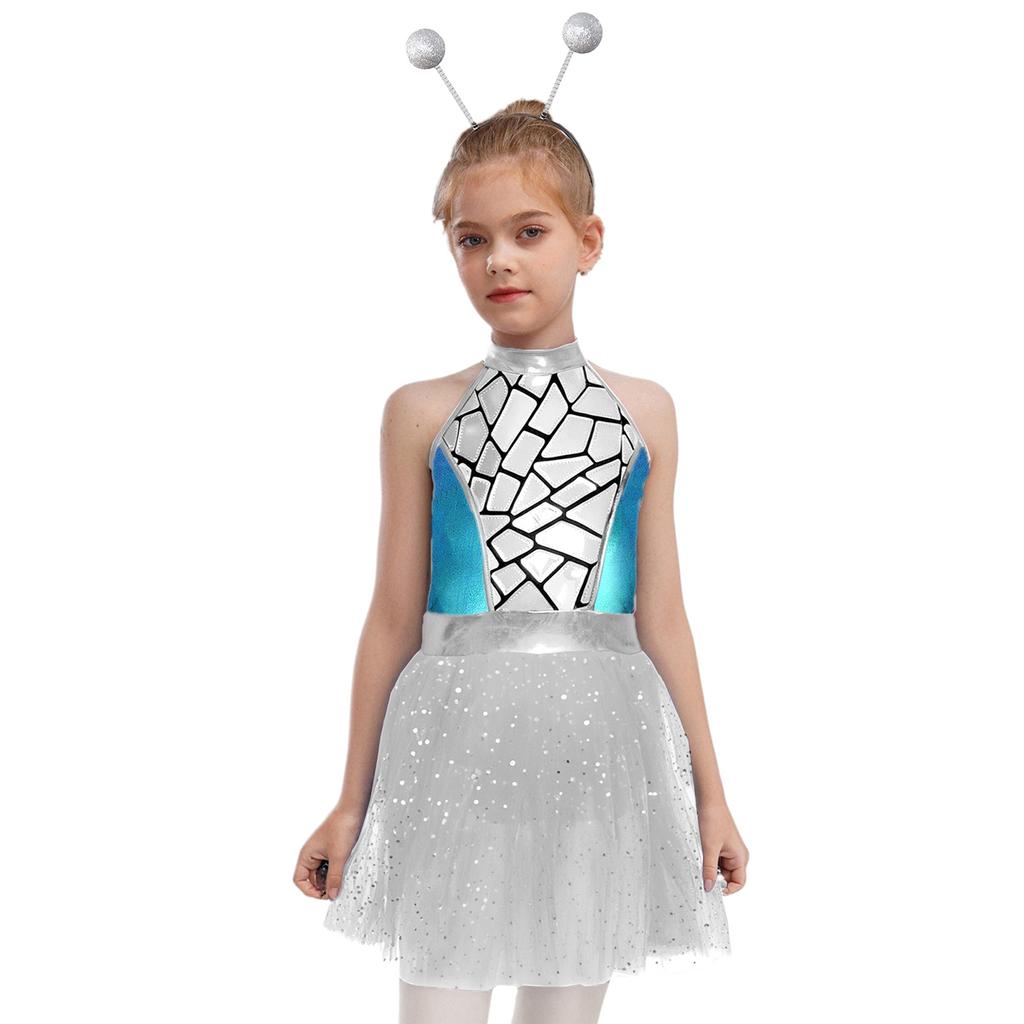 Girls Shiny Metallic Alien Costume Halter Sleeveless Built In Briefs Press Buttons Mesh Tutu Dress Hair Hoop Set