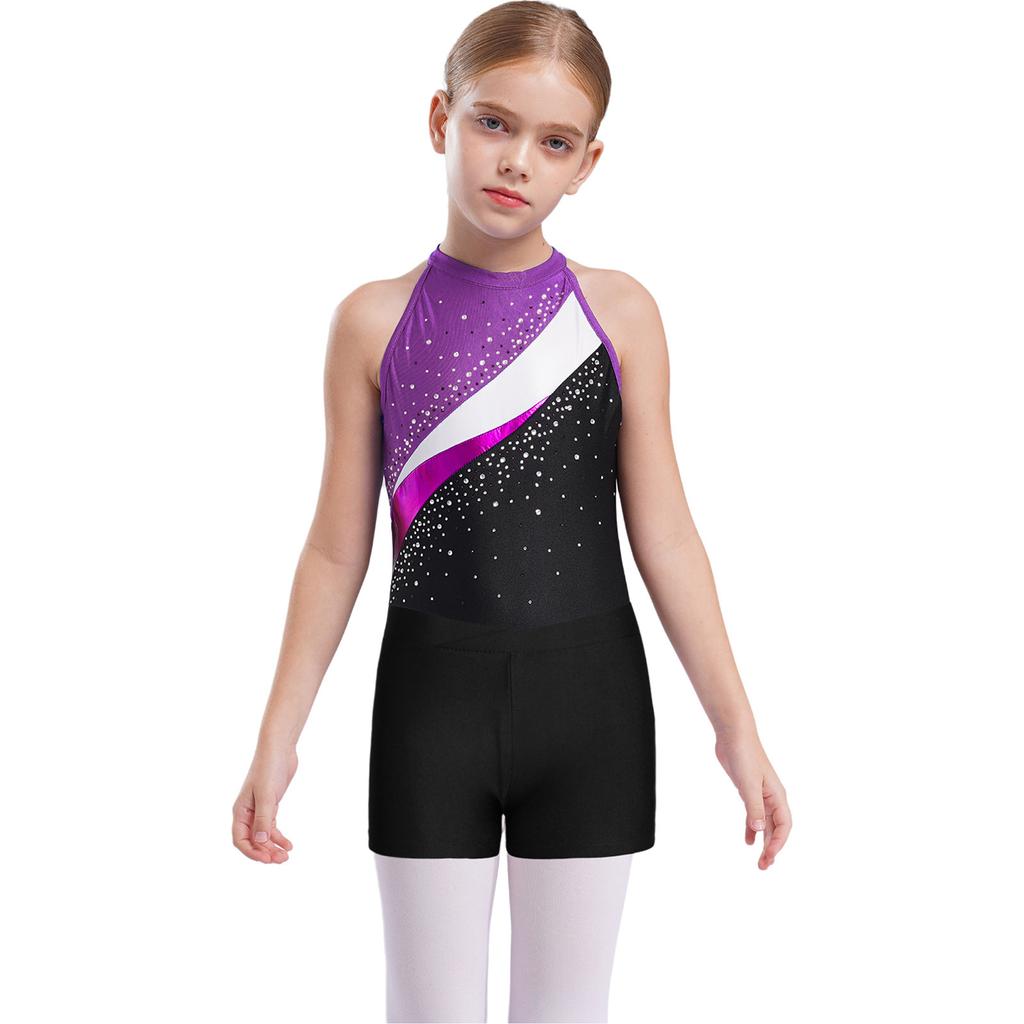 Copii Fete Tricou gimnastică fără mâneci Ballet Dance Biketard cu pantaloni scurți Set banda de păr Costume de dans Costum de baie Costum de baie