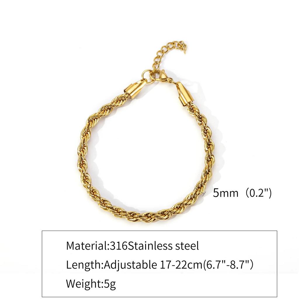 2-5MM Stainless Steel Bracelet For Women Men Gold Color Twist Rope Chain Bangle With Extended Chain Waterproof Party Jewelry