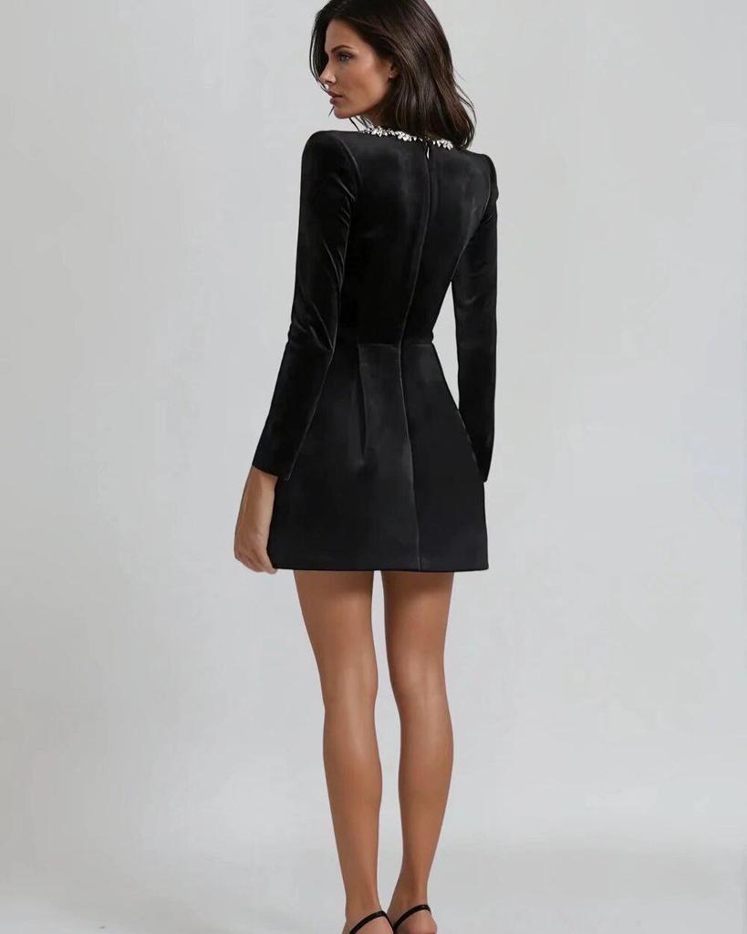 Women's Elegant Beaded Velvet Square Neck Rhinestone Long Sleeve Dress – Winter Formal/ New Year’s Dress