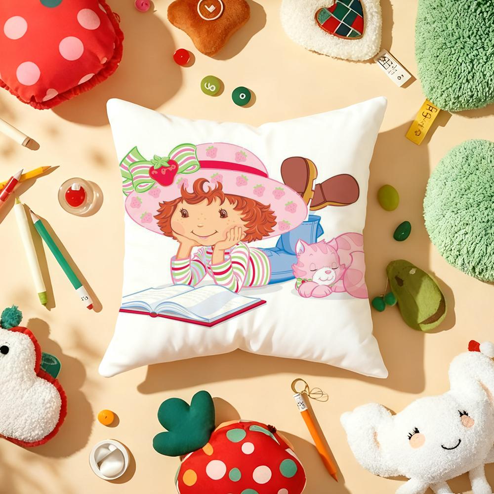 Strawberry S-Shortcake Girl Cushion Cover Plush Fabric Soft Double-Sided Printed Sofa Warm Winter Home Gift Pillow Cover