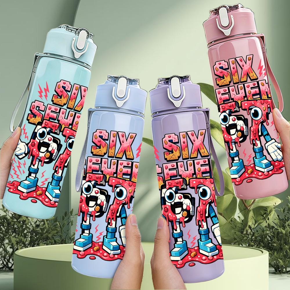 1PC Six Seven Retro Graffiti Art 750ml Color Plastic Sports Water Bottle Leakproof Flip Straw Lid Suitable for Sports Office Home Use