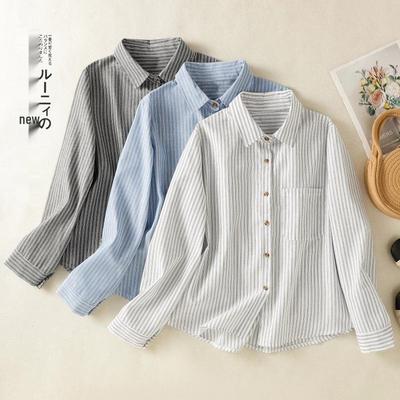 Artistic 2025 Cotton Linen Striped Long Sleeve Casual Loose Plus Size Shirt