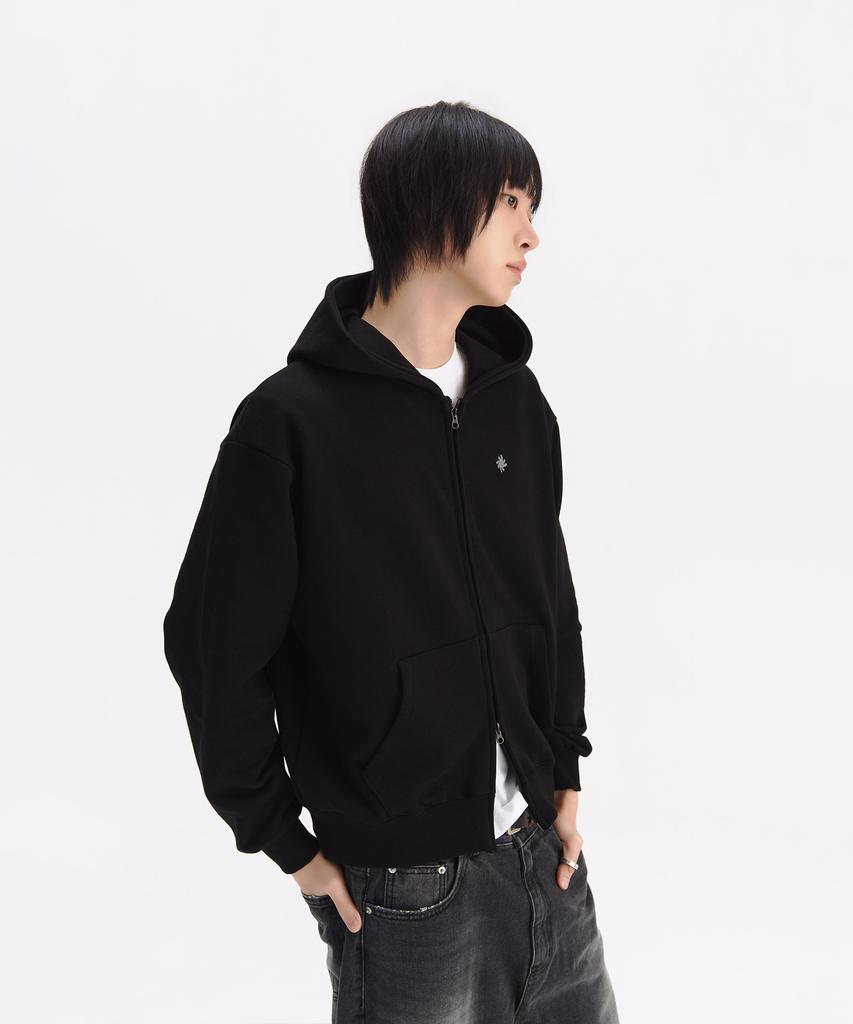 Slow Record House Crop Zip-Up Hoodie_Black