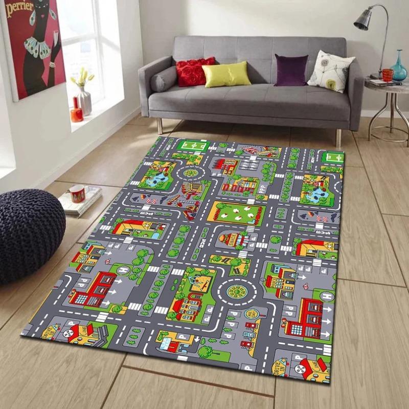 Town Map Design Carpet Children's City Road Play Rug Urban Explorer Theme Kids Room Accent Rug Water-absorbing and Non-slip Mat