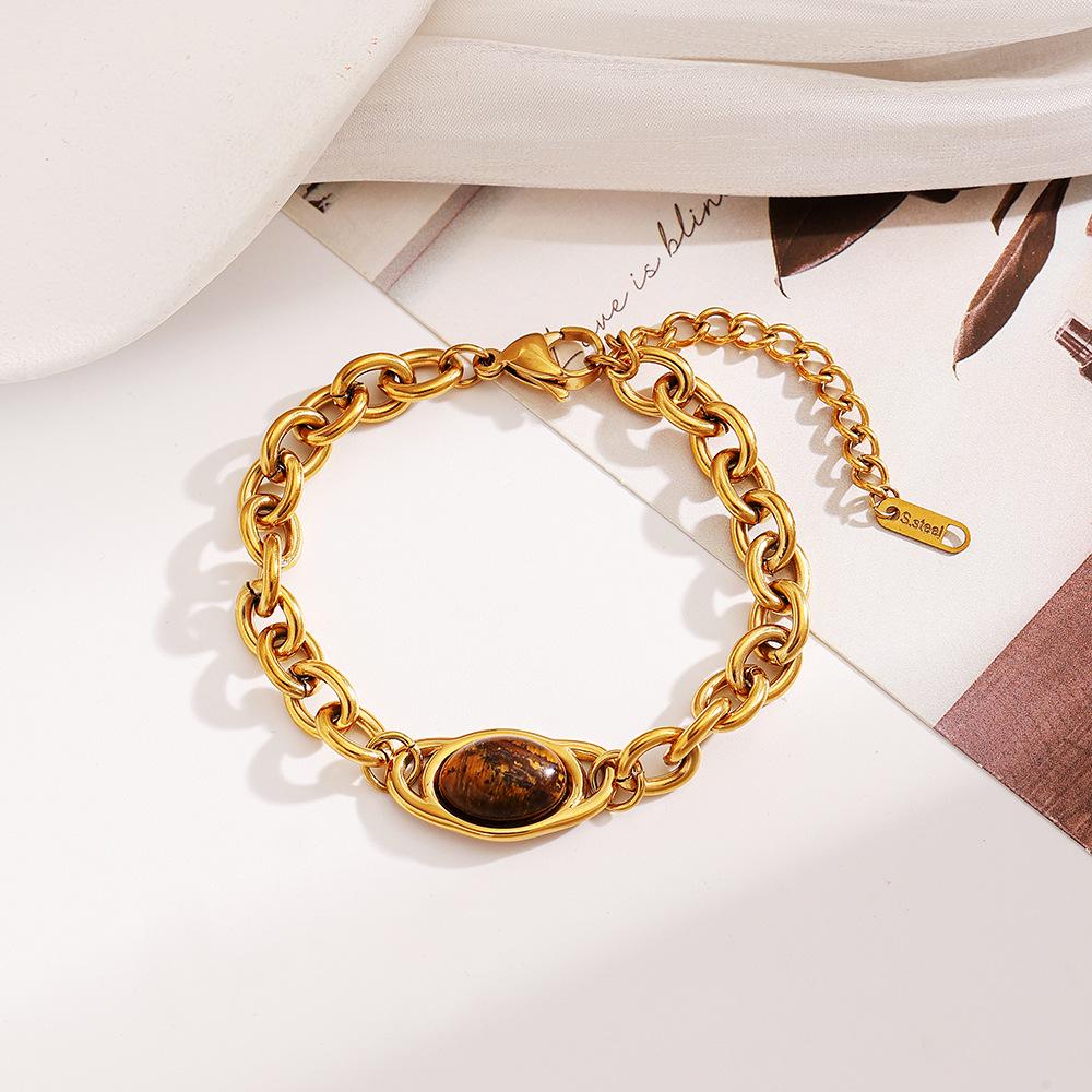 Ying Tai Stainless & Titanium Steel Bracelet with Tiger Eye and Natural Stone, High-Polished, 18k Gold-Plated, Retro European-American Style