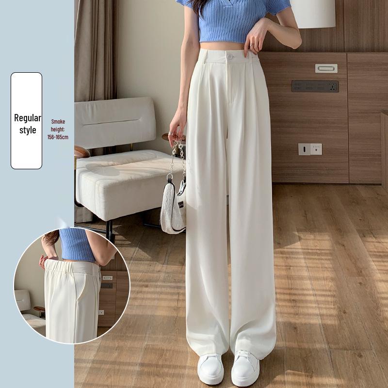 Women's 145cm Pink Ice Silk Wide-Leg High-Waist Pants - Petite, Summer, Thin, Straight Leg.