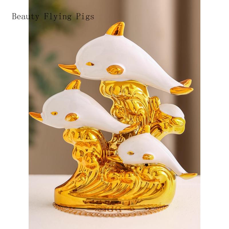 1PCS Handmade Ceramic Creative Dolphin Ornament Home Office Desktop Living Room Entrance Small Ornament
