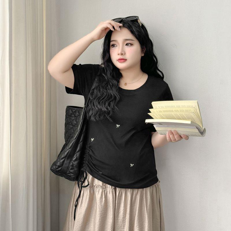 Plus size women clothing [Street Western Style T] Bow Embroidery Short sleeve T-shirt 100.00kg Summer Drawstring Waist Hugging Top