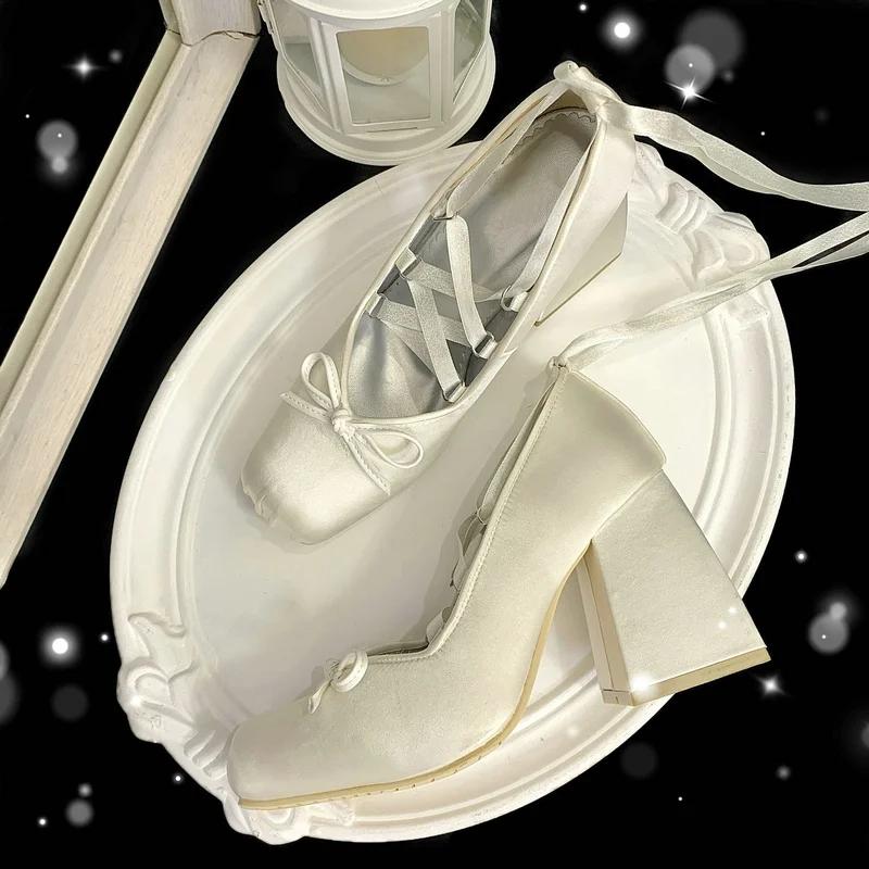 2025 Minuet Pink Mary Jane High Heels Lolita Thick Heel Satin Ribbon Ballet Sandals For Women Pumps