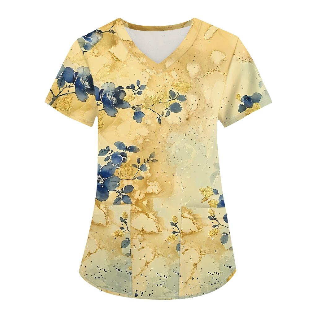 Damesmode werkkleding met V-hals, korte mouwen en bedrukte zakken