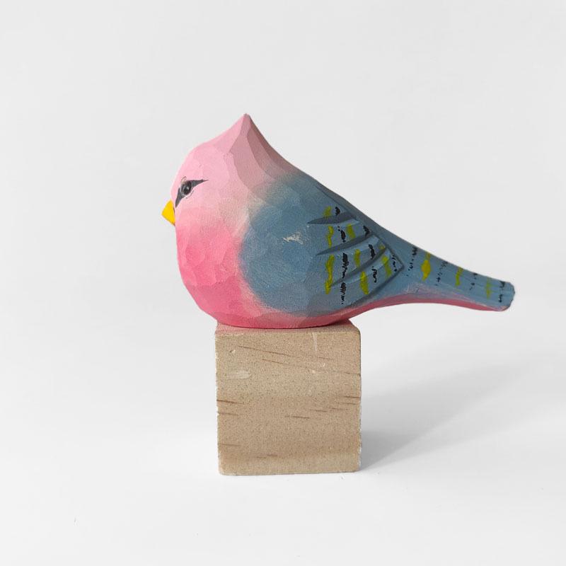 Hand-Carved Red Cherry Blossom Bird Ornament - Wooden Desk Decoration