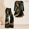 Women Plus Size Two Piece Set Round Neck Three Quarter Sleeve Printed Flared Top Flared Pants Black Green Gold