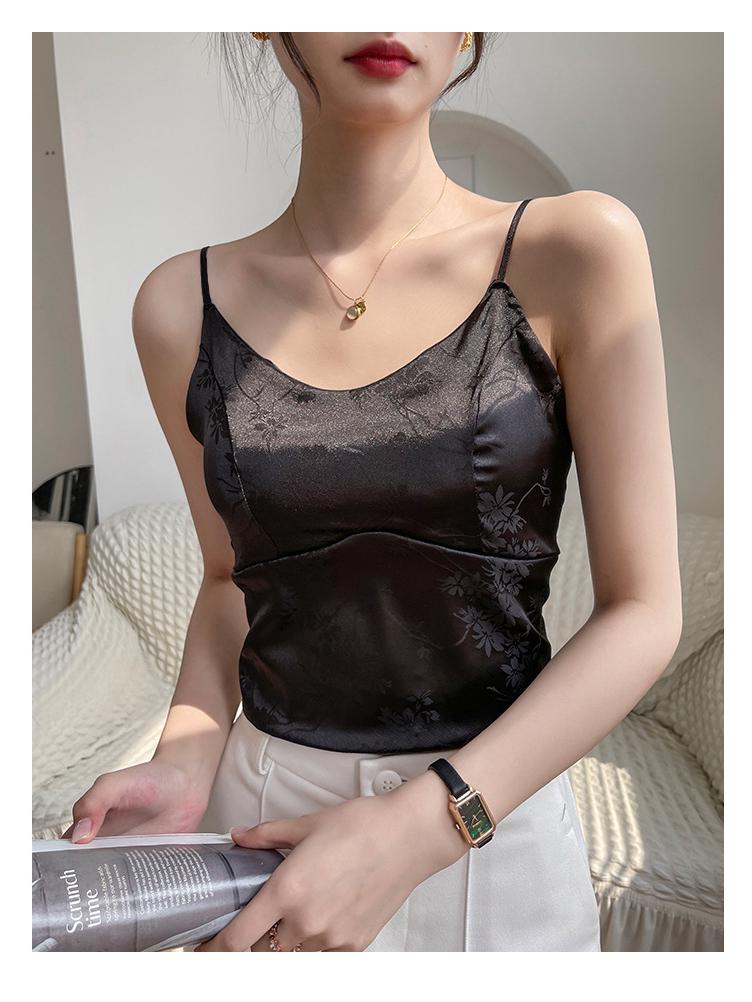 Women's V-Neck Satin Camisole with Chest Pads - Chinese Style Innerwear & Outerwear