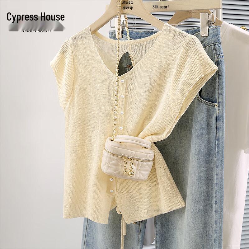 Women s V-Neck Button-Front Hollow-Out Knit Top One Size