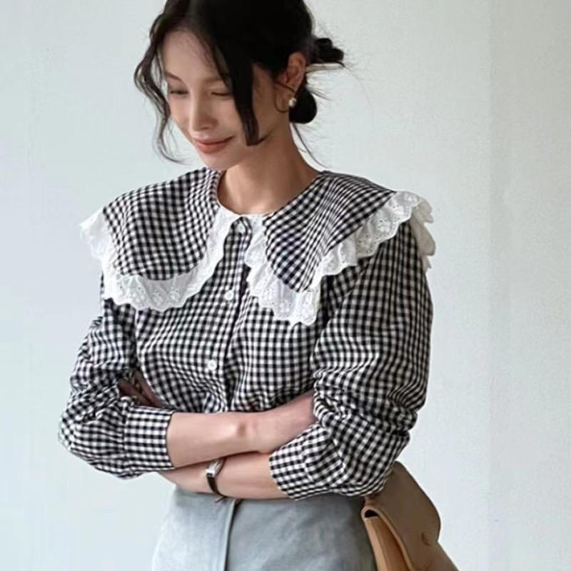 

Женская рубашка в клетку из кружева в стиле пэчворк, весенний свободный топ с контрастными лацканами XL чёрный