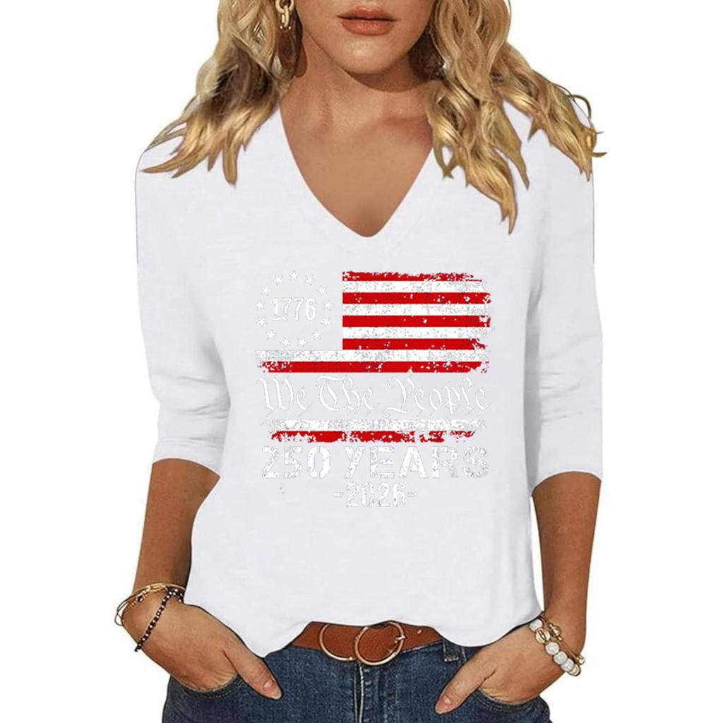 Womens V Neck Three Quarter Sleeve Top with 1776 Flag Graphic We The 250 Years 2026 Print Casual Loose Fit Shirt