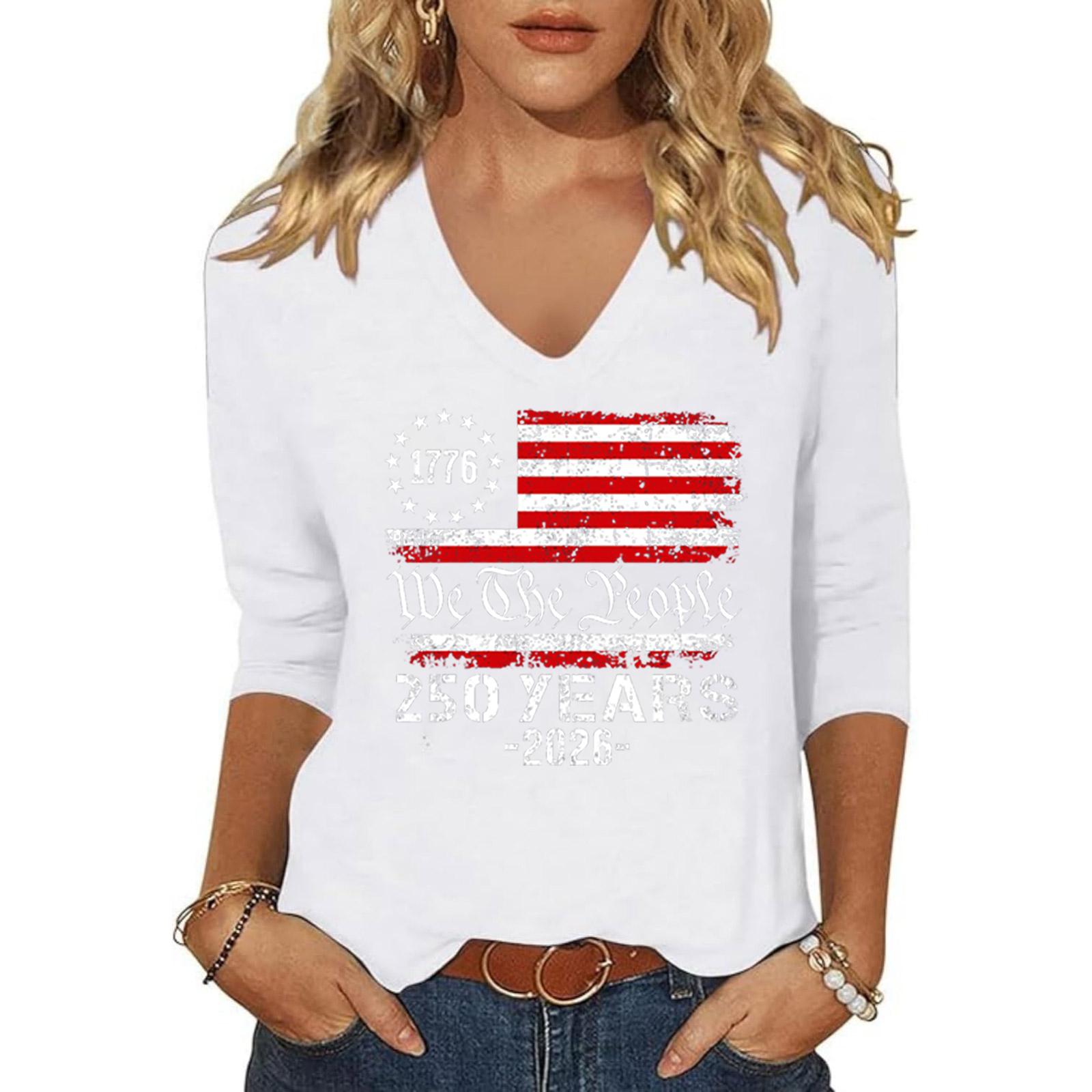 

Womens V Neck Three Quarter Sleeve Top with 1776 Flag Graphic We The 250 Years 2026 Print Casual Loose Fit Shirt S
