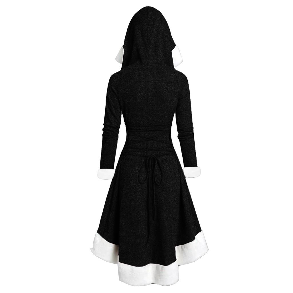 Damska sukienka z długim rękawem, z kapturem, patchworkowym dołem i nieregularnym długim rękawem