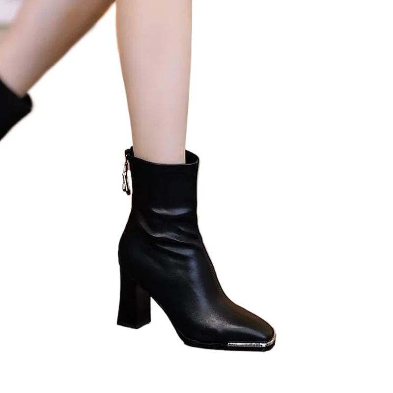 Fashion Women Ankle Boots Fashion Eelgant Back Zippers Shoes Vintage Square Heels Autumn Winter Ladies Stretch Modern Booties