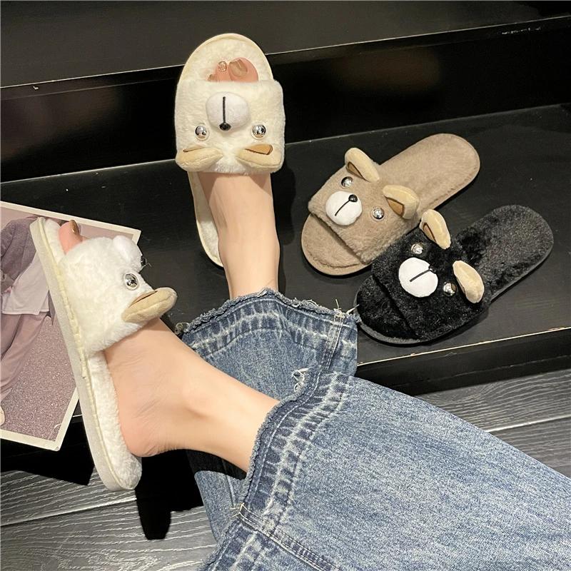 Плоские Пушистые Меховые Тапочки Женские Милые Собачки Животные Теплые Меховые Тапочки — фото 7