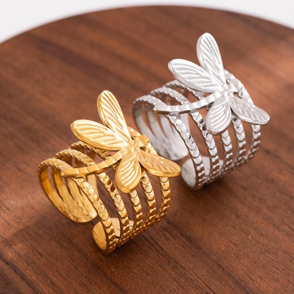 Dragonfly Stainless Steel Colorfast Open Ring for Women, Titanium Steel Vacuum Electroplated Index Finger Ring