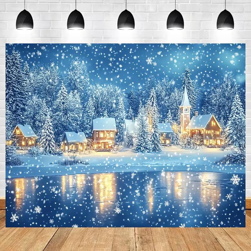 2D Falling Snow Winter Town Lake Glowing House Tapestry Holiday Home Decor Background Fabric