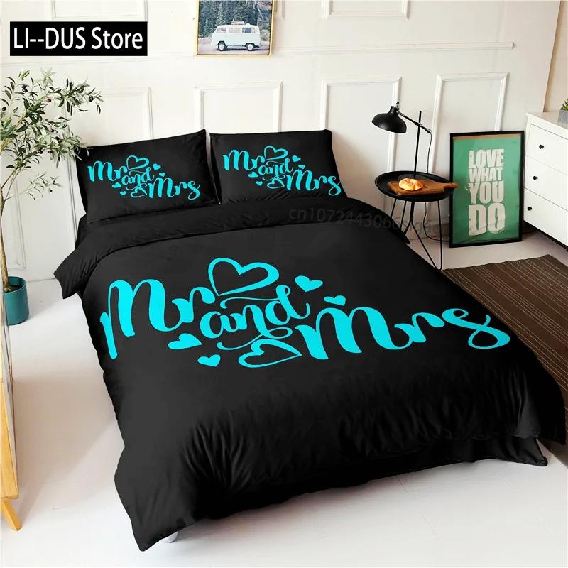 Black and White Duvet Cover Queen/King/Full Size Mr and Mrs Bedding Set 3Pieces Soft Microfiber Couple Romantic Comforter Cover