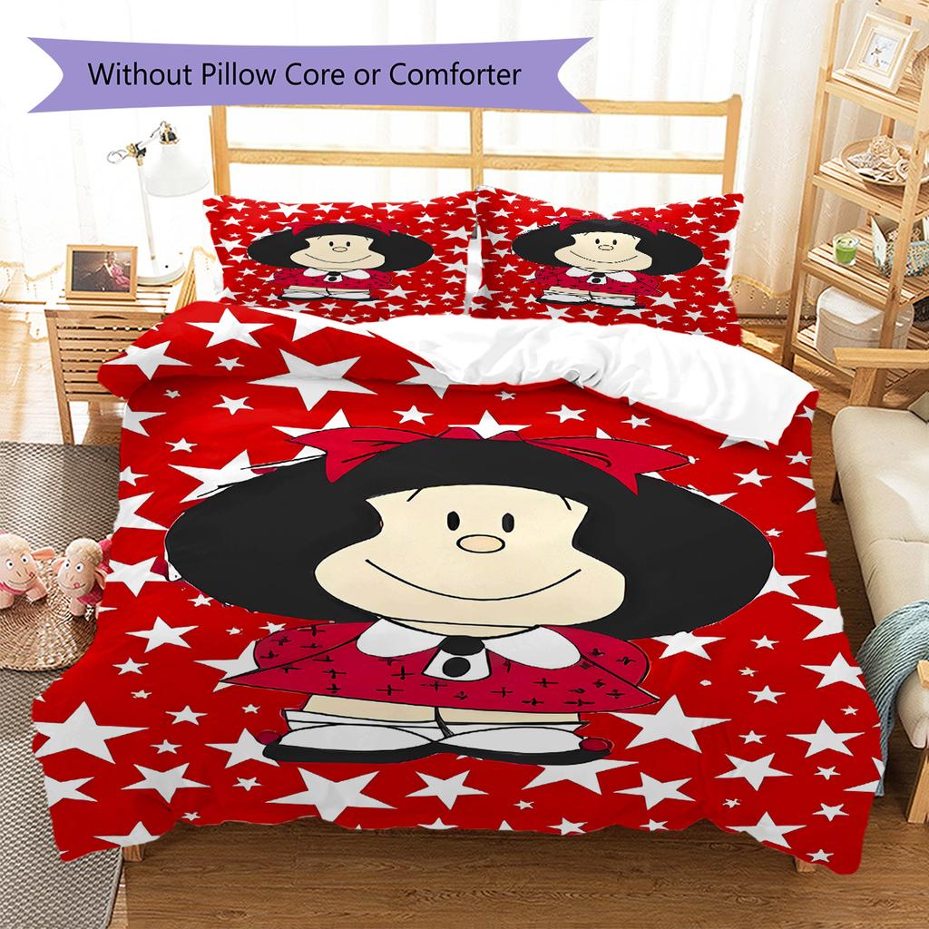 Pościel z wzorem Mafaldy, Zestaw kołdry Poszewka na kołdrę Poszewka na poduszkę Domowy prezent urodzinowy (1 * poszwa na kołdrę + 2 * poszewki na poduszki, bez rdzenia)