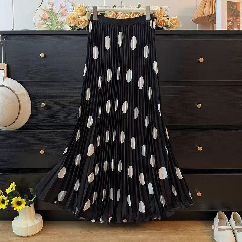 Elegant Polka Dot A-Line Pleated Long Skirt for Women - Autumn Casual Slim Fit