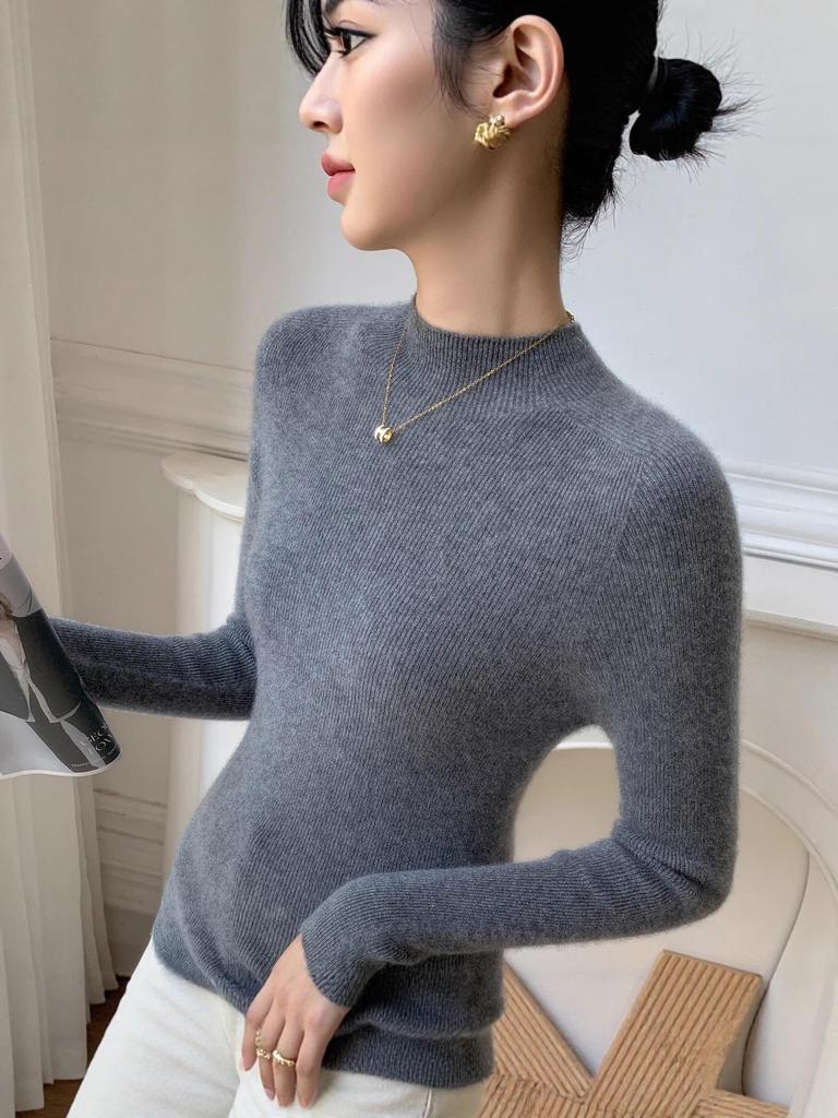 Women's Slim-Fit Cashmere Knit Top - Fashionable Half-High Neck, Casual Versatile Sweater