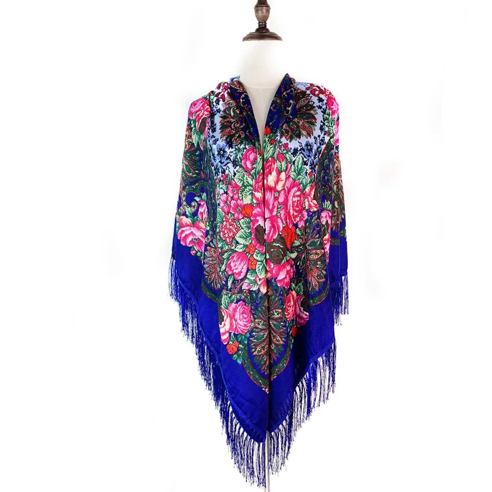 160*160cm Luxury Flower Print Russian Square Scarf Women Traditional Ukrainian Shawl Ethnic Fringed Bandana Babushka Head Wraps