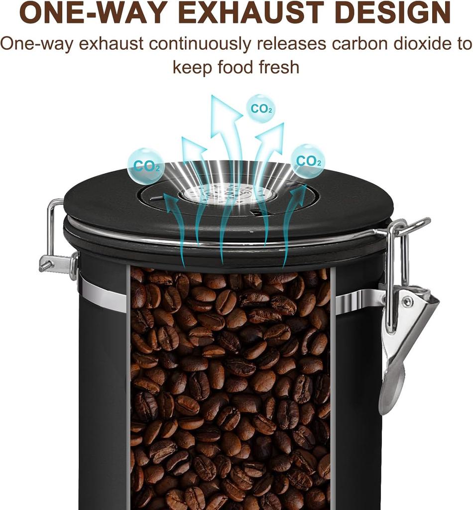 1.5L Airtight Vacuum Coffee Canister with Scoop, Stainless Steel Storage for Coffee Beans, Grounds, Tea, Sugar, Rice