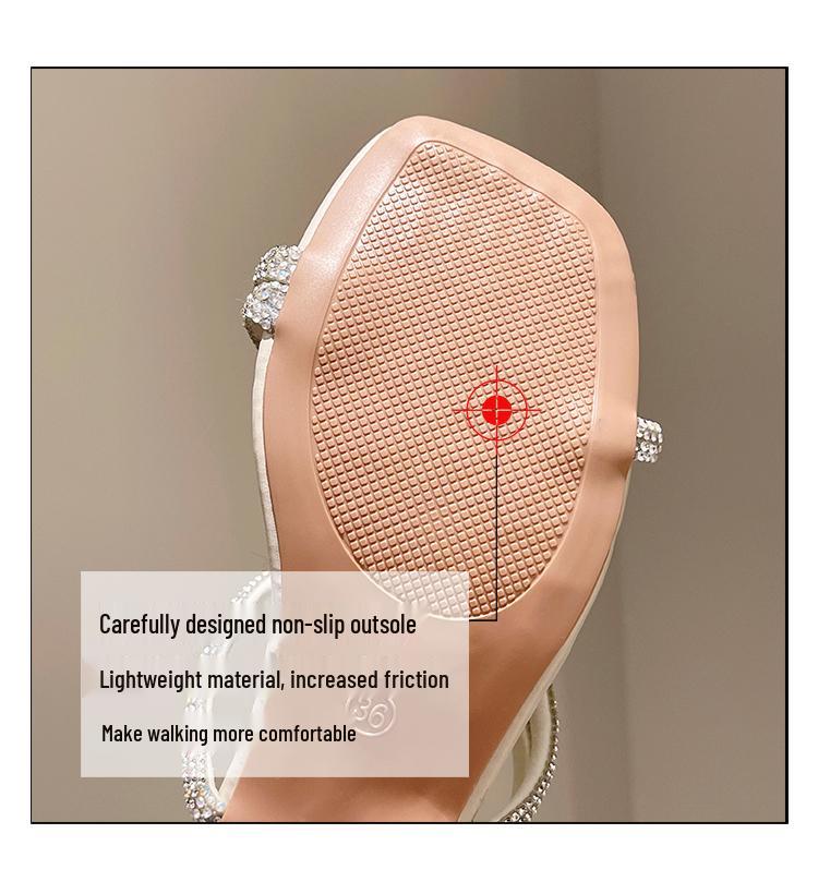 Women's Rhinestone Strap French Mid-Heel Slippers, 2026 Summer Collection, Transparent Square Toe, Crystal Chunky Heel.