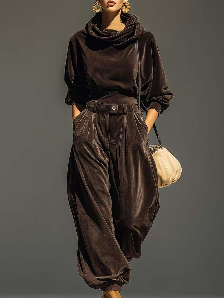 Women's Loose Fit Two Piece Outfit Long Sleeve Hoodie High Waist Jogger Pants Velvet Matching Set