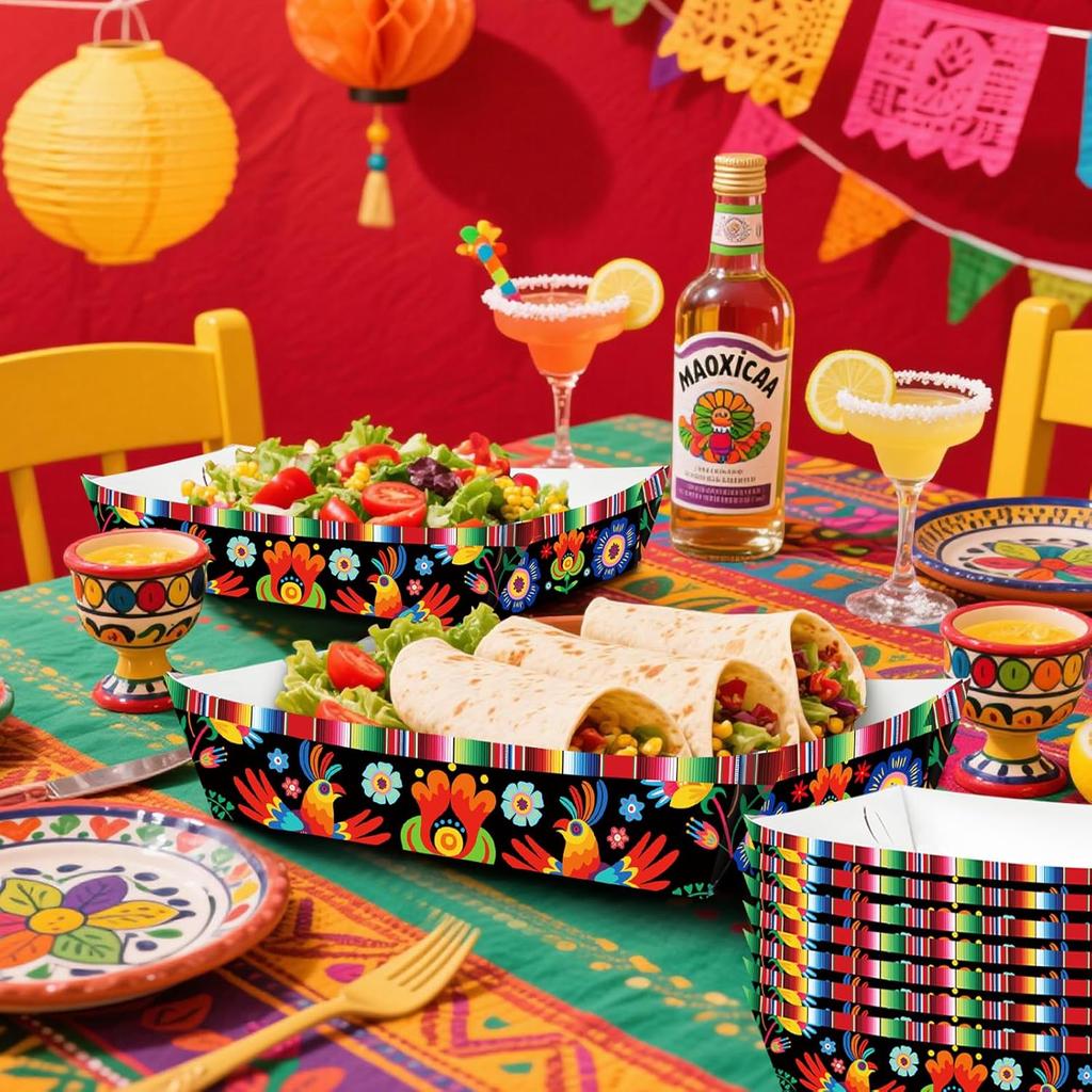 30 Pack Fiesta Mexican Food Trays, Floral and Serape Stripe Design Disposable Paper Serving Containers Boats for Taco Nights, Nachos, Fries, Popcorn,