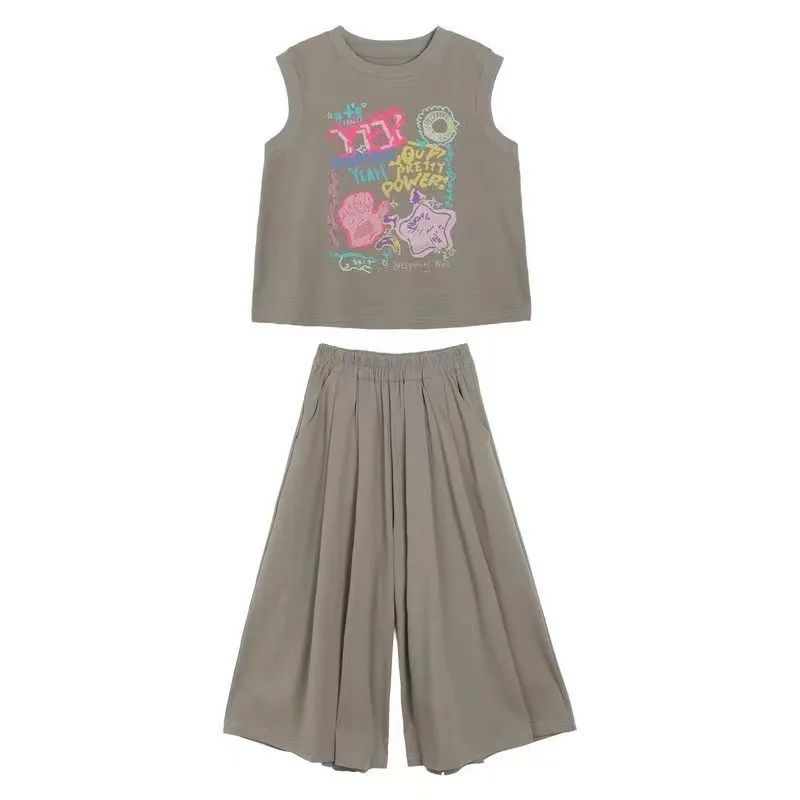 Girls' Tank Top Set, Children's Summer Fashionable Trendy Outfit, Short Sleeve Wide-leg Pants Summer Two-piece Set