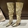 Fashion Eilyken Winter Gold Silver Pleated Pointed Toe Woman Knee-High Boots Designer Thin High Heels Stripper Shoes Botas Mujer