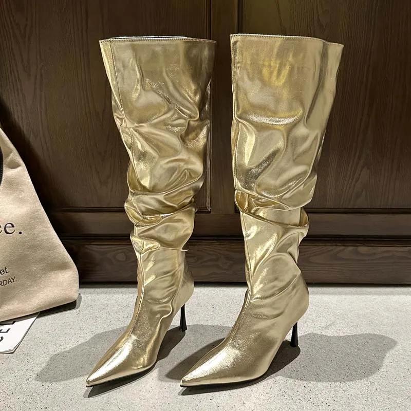 Fashion Eilyken Winter Gold Silver Pleated Pointed Toe Woman Knee-High Boots Designer Thin High Heels Stripper Shoes Botas Mujer