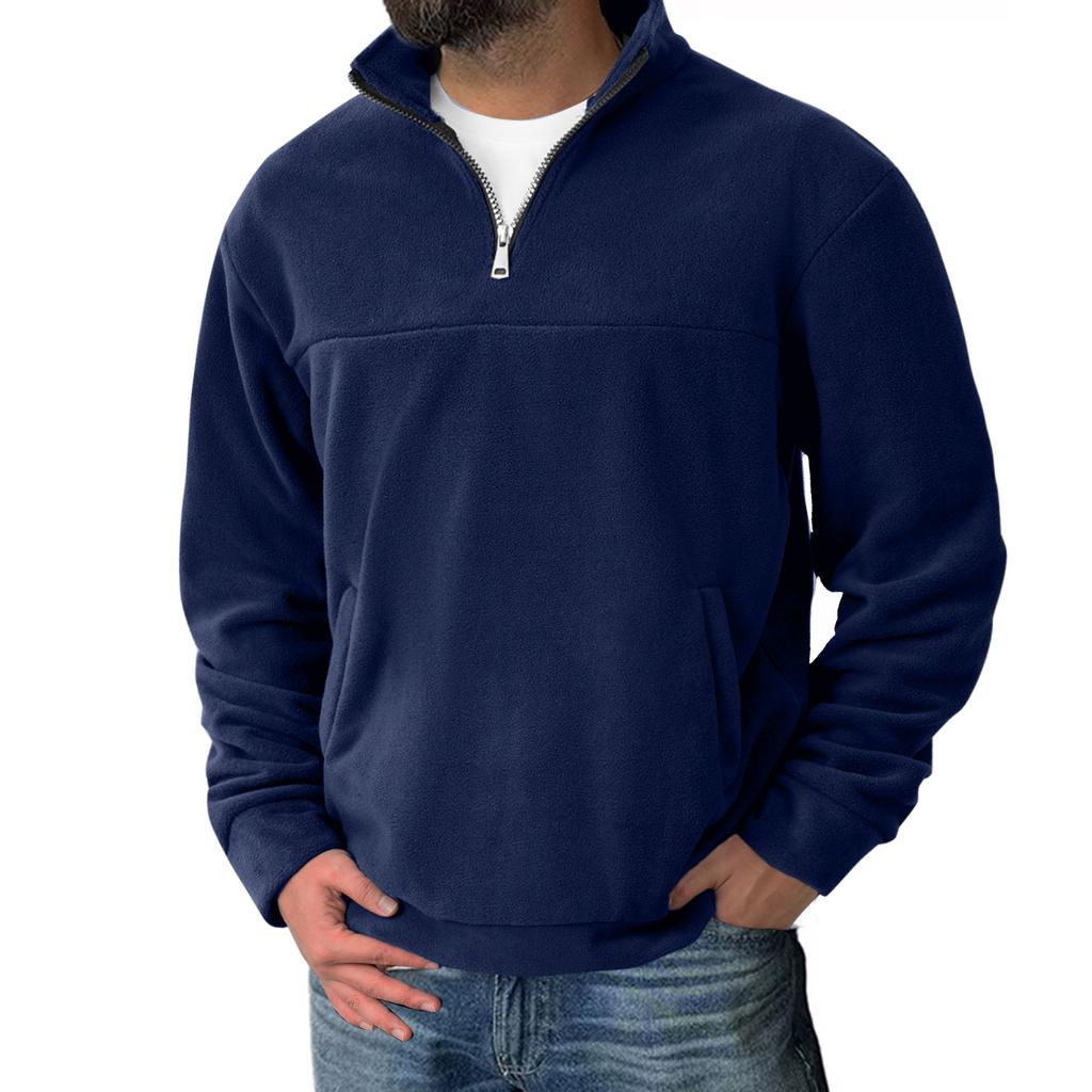 Men's Fleece Half-Zip Pullover Casual Stand Collar Sweatshirt with Side Pockets
