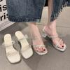 Fairy Wind Crystal Thick Heel Slippers Female Outer Wear 2025 Summer New Beautiful Transparent Rhinestone Temperament One-word Drag