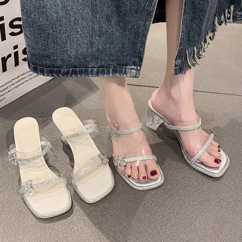 Fairy Wind Crystal Thick Heel Slippers Female Outer Wear 2025 Summer New Beautiful Transparent Rhinestone Temperament One-word Drag