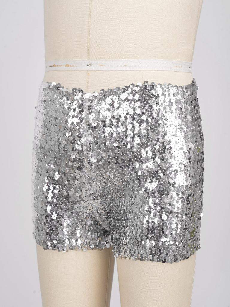 Kids Boys Girls Dance Shorts Shiny Sequins Solid Color Good Elastic Waist Stage Performance Athletic Wear