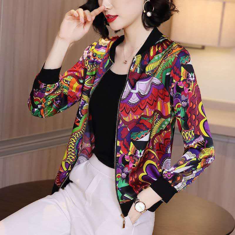 2025 Spring/Autumn Women s Elegant Floral Baseball Jacket - Fashionable, Thin, Short Style for Moms Extra Large