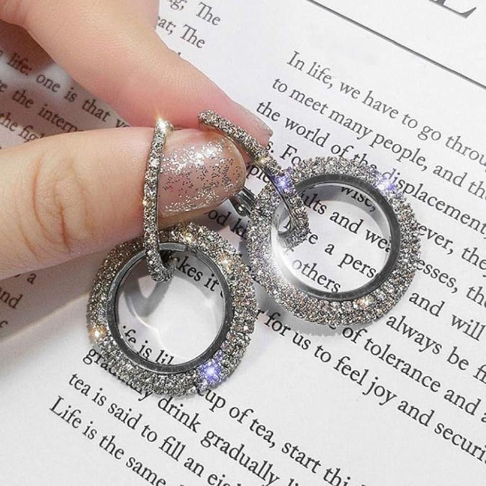 Rhinestone Ear Clips Round Diamond Earrings Elegant Hoop Earrings  Woman Girls