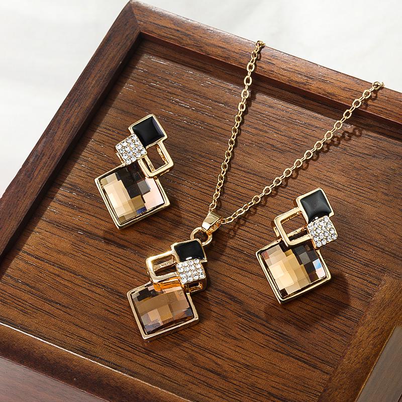 Korean Geometric Square Jewelry Set: S925 Silver Needle Minimalist Earrings & Necklace with Inlaid Diamonds