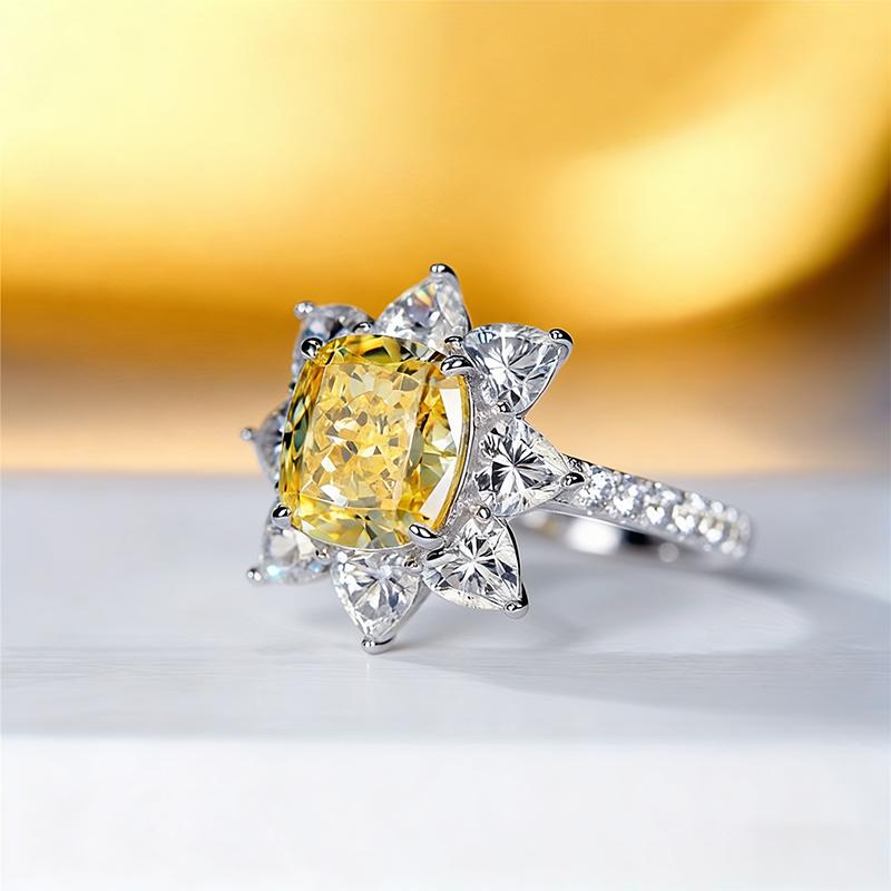 Simple and exquisite floral yellow diamond zircon ring with versatile temperament, high-end feeling, floral full diamond ring