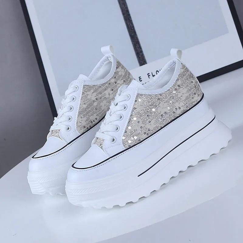 Fashion 2025 Women's Sneakers Spring Sequined Casual Shoes Women Platform Heels Wedges Height Increasing Vulcanized Shoes 9cm