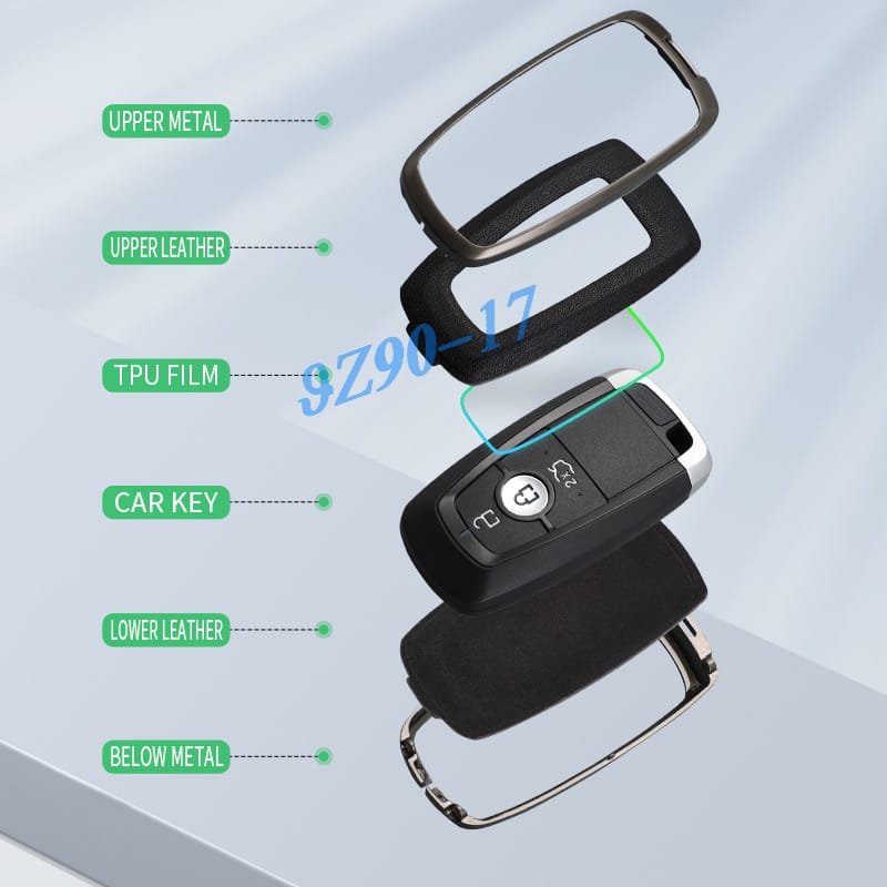 Metal Leather Car Key Fob Case Cover Keychain For Bag Ford Escape F150 Explorer Kuga Edge Bronco Sport Ecosport Mustang Maverick