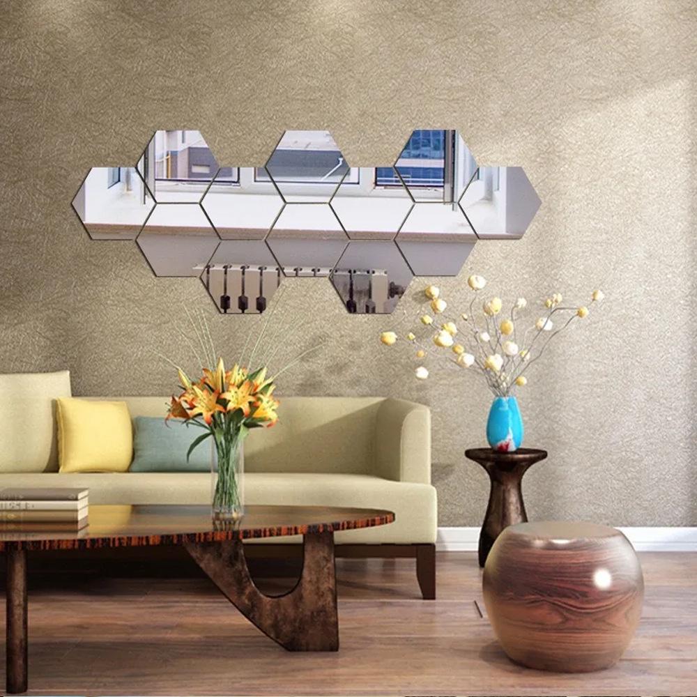 12-teilige hexagonale Acrylspiegel-Wandaufkleber zur DIY-Dekoration—Selbstklebende Aufkleber für Wohnzimmer, Flur und Treppenhaus.